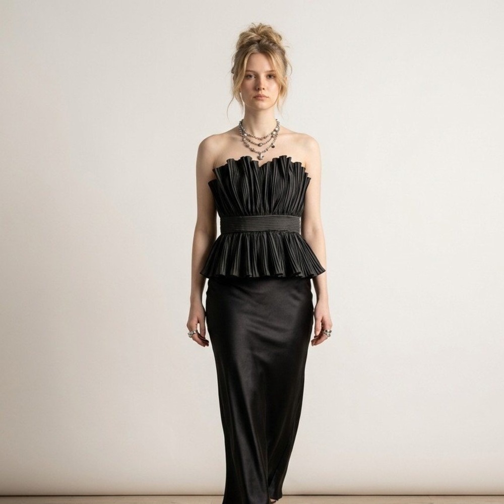 Black‎ Pleated Strapless Peplum Top Sweetheart Neckline XS Zipper Back